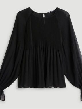Sheer Black Pleated Long-Sleeve Flowy Blouse with Tie Cuffs